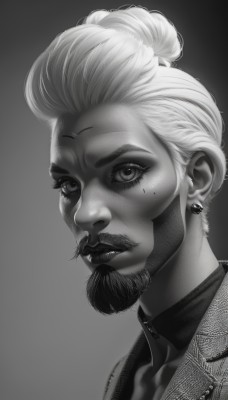 1girl,solo,looking at viewer,short hair,shirt,1boy,jewelry,closed mouth,jacket,monochrome,greyscale,male focus,earrings,parted lips,teeth,grey background,hair bun,mole,lips,gradient,gradient background,eyelashes,mole under eye,facial hair,facial mark,single hair bun,portrait,beard,realistic,nose,mustache,facial tattoo,artist name,makeup,goatee