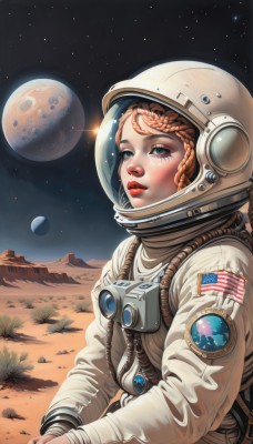 1girl,solo,looking at viewer,blue eyes,brown hair,upper body,braid,parted lips,sky,teeth,artist name,tears,signature,star (symbol),orange hair,lips,eyelashes,makeup,moon,helmet,lipstick,star (sky),starry sky,freckles,realistic,nose,sun,red lips,flag,space,planet,earth (planet),american flag,spacecraft,spacesuit,desert,japanese flag,space helmet,united states,astronaut,outdoors,alien