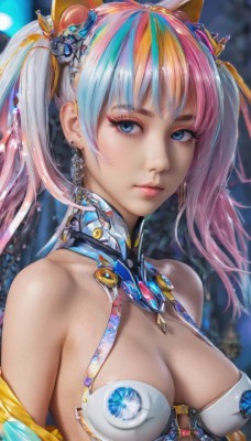 1girl,solo,long hair,breasts,looking at viewer,bangs,blue eyes,blonde hair,hair ornament,cleavage,bare shoulders,twintails,jewelry,medium breasts,closed mouth,blue hair,upper body,pink hair,multicolored hair,earrings,blurry,two-tone hair,lips,streaked hair,eyelashes,makeup,detached collar,blurry background,eyeshadow,nose,mascara,collarbone,shiny,artist name,shiny hair,from side,shiny skin,expressionless,gem,pink lips,realistic,eyeliner,rainbow hair