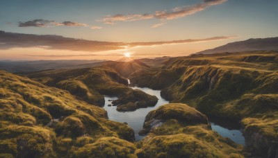 outdoors,sky,day,cloud,water,tree,blue sky,no humans,ocean,sunlight,cloudy sky,nature,scenery,reflection,sunset,rock,mountain,sun,horizon,river,landscape,mountainous horizon,lake,sunrise,cliff,shore