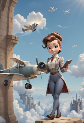 1girl,solo,breasts,looking at viewer,smile,brown hair,holding,jewelry,full body,earrings,outdoors,sky,shoes,day,belt,pants,cloud,uniform,black eyes,blue sky,lips,coat,military,military uniform,bird,brown footwear,building,flying,aircraft,sun,airplane,brown belt,vehicle focus,clipboard,castle,tower,short hair,long sleeves,ribbon,brown eyes,closed mouth,standing,jacket,artist name,hair bun,red ribbon,single hair bun,crossed legs,cloudy sky,lipstick,contrail,propeller