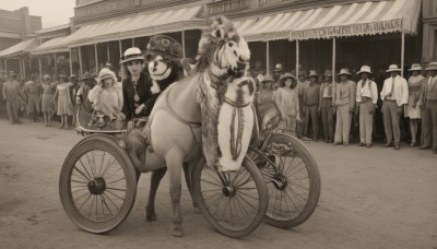 1girl,multiple girls,gloves,hat,monochrome,greyscale,outdoors,multiple boys,mask,animal,ground vehicle,6+boys,road,riding,sepia,horse,bicycle,crowd,horseback riding,solo focus,suit,street,people