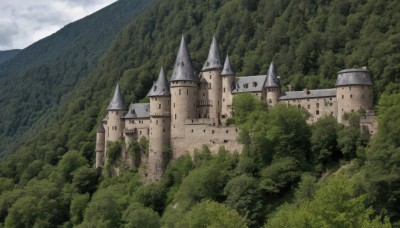 outdoors,sky,day,cloud,tree,no humans,cloudy sky,grass,building,nature,scenery,forest,mountain,castle,tower,landscape,fantasy,green theme,fog