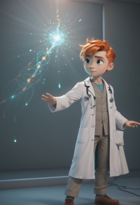 solo,smile,blue eyes,long sleeves,1boy,standing,full body,male focus,shoes,pants,indoors,orange hair,brown footwear,child,freckles,labcoat,magic,light,male child,stethoscope,artist name,black eyes,aged down,fireworks,doctor