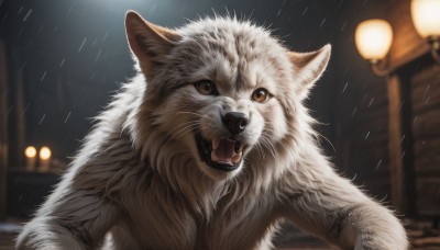 solo,looking at viewer,open mouth,brown eyes,upper body,outdoors,blurry,no humans,night,blurry background,animal,fangs,cat,building,rain,dog,realistic,animal focus,white fur,lamppost,whiskers,teeth,signature,depth of field,close-up