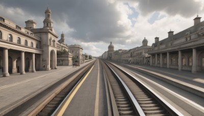 outdoors,sky,day,cloud,tree,blue sky,no humans,cloudy sky,building,scenery,stairs,road,architecture,bridge,tower,church,arch,vanishing point,city,train station,railroad tracks,real world location