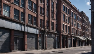 outdoors,sky,day,cloud,blue sky,no humans,window,shadow,building,scenery,city,door,road,lamppost,street,cloudy sky,sign,town,pavement,vanishing point