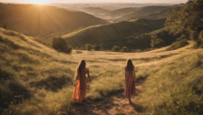 long hair,multiple girls,brown hair,black hair,dress,2girls,standing,outdoors,signature,from behind,tree,sunlight,grass,nature,scenery,forest,mountain,field,landscape,mountainous horizon,1boy