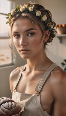 1girl,solo,breasts,looking at viewer,short hair,brown hair,hair ornament,cleavage,bare shoulders,brown eyes,jewelry,collarbone,upper body,flower,earrings,small breasts,food,indoors,hair flower,hair bun,blurry,apron,lips,window,blurry background,freckles,realistic,nose,head wreath,naked apron,pie,holding,hairband,parted lips,mole,mole under eye,muscular,animal,sunlight,cat,tank top,backlighting,holding animal