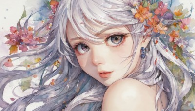 1girl,solo,long hair,looking at viewer,bangs,hair ornament,bare shoulders,brown eyes,jewelry,flower,white hair,earrings,parted lips,pointy ears,hair flower,lips,grey eyes,eyelashes,portrait,close-up,orange flower,hair between eyes,grey hair,black eyes,petals,traditional media,painting (medium),watercolor (medium)