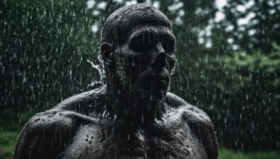 solo,1boy,upper body,male focus,outdoors,signature,blurry,wet,muscular,blurry background,parody,rain,meme,water drop,bald,short hair,closed mouth,night,depth of field,facial hair,muscular male,topless male,wet hair,manly