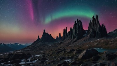 outdoors,sky,tree,no humans,night,star (sky),nature,night sky,scenery,starry sky,rock,mountain,landscape,mountainous horizon,aurora,gradient sky