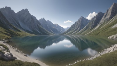 outdoors,sky,day,cloud,water,tree,blue sky,no humans,grass,nature,scenery,forest,reflection,mountain,road,river,landscape,mountainous horizon,lake,hill,blurry,bird,cloudy sky,rock,field