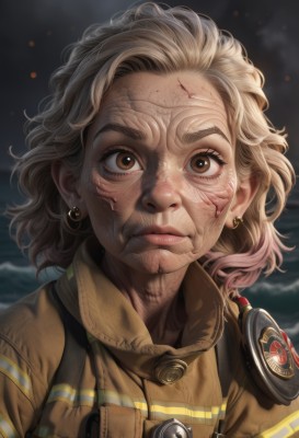 1girl,solo,looking at viewer,short hair,blonde hair,brown eyes,jewelry,closed mouth,upper body,multicolored hair,earrings,medium hair,lips,blood,scar,portrait,forehead,freckles,injury,realistic,nose,old,badge,dirty,dirty face,old woman,wrinkled skin,brown hair,jacket,artist name,genderswap,close-up,blood on face