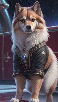 solo,looking at viewer,brown eyes,jewelry,standing,jacket,full body,sky,necklace,star (symbol),collar,black jacket,no humans,night,animal,brooch,gem,star (sky),night sky,pendant,starry sky,dog,animal focus,blue gemstone,red gemstone,clothed animal,sword,watermark,claws,realistic,emblem,badge