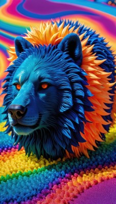 solo,looking at viewer,red eyes,closed mouth,flower,orange eyes,pokemon (creature),no humans,animal,colored sclera,realistic,animal focus,multicolored background,colorful,lion,signature,rainbow