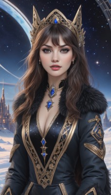 1girl,solo,long hair,breasts,looking at viewer,bangs,large breasts,brown hair,long sleeves,dress,cleavage,brown eyes,jewelry,medium breasts,upper body,earrings,outdoors,parted lips,sky,choker,necklace,star (symbol),black dress,lips,coat,fur trim,night,moon,tiara,crown,gem,star (sky),night sky,snow,starry sky,gold trim,black coat,snowing,realistic,nose,winter,fur-trimmed coat,jacket,artist name,signature,makeup,lipstick,red lips,castle