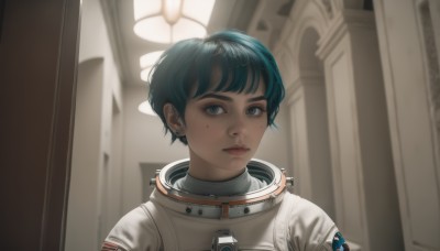 1girl,solo,looking at viewer,short hair,bangs,blue eyes,jewelry,closed mouth,blue hair,upper body,earrings,green hair,indoors,mole,blurry,lips,mole under eye,makeup,blurry background,portrait,realistic,very short hair,spacesuit,space helmet,astronaut,black hair,piercing,ear piercing,nose,stud earrings