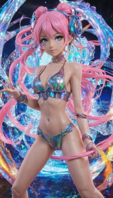 1girl,solo,long hair,breasts,looking at viewer,smile,blue eyes,navel,cleavage,bare shoulders,twintails,jewelry,medium breasts,very long hair,standing,swimsuit,pink hair,bikini,earrings,choker,hair bun,nail polish,bracelet,lips,double bun,headphones,ring,hair ornament,facial mark