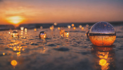 outdoors, sky, water, blurry, no humans, depth of field, ocean, scenery, reflection, sunset, horizon, bokeh