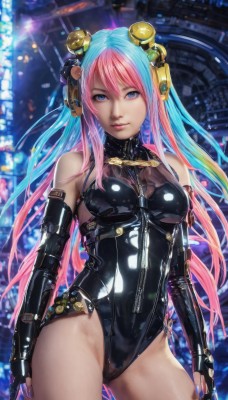 1girl,solo,long hair,breasts,looking at viewer,smile,blue eyes,hair ornament,thighhighs,gloves,bare shoulders,medium breasts,very long hair,blue hair,pink hair,multicolored hair,cowboy shot,black gloves,elbow gloves,shiny,fingerless gloves,nail polish,two-tone hair,leotard,lips,shiny skin,aqua hair,black leotard,skin tight,highleg leotard,zipper,science fiction,contrapposto,shiny clothes,latex,latex gloves,standing,headphones,highleg