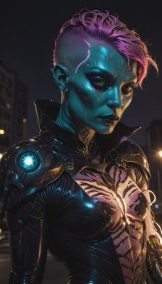 1girl,solo,breasts,looking at viewer,short hair,brown eyes,jewelry,upper body,pink hair,earrings,small breasts,dark skin,armor,lips,bodysuit,tattoo,makeup,night,colored skin,piercing,lipstick,science fiction,asymmetrical hair,nose,center opening,blue skin,stud earrings,very short hair,undercut,cyborg,alien,mohawk,cyberpunk,medium breasts,eyeshadow,high collar,city,facepaint,black lips