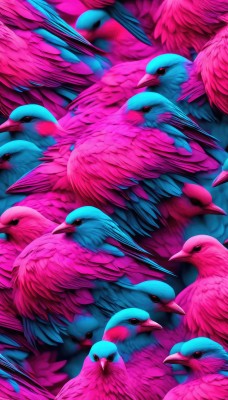 looking at viewer,closed mouth,blurry,black eyes,no humans,bird,animal,animal focus,too many,beak,flock,red eyes,artist name,watermark,from above,pink background,feathers,flying,pink theme