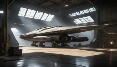 HQ,indoors,military,no humans,window,scenery,smoke,science fiction,realistic,aircraft,door,military vehicle,light,vehicle focus,spacecraft,ceiling,hallway,lights,ceiling light,reflection,airplane,jet,fighter jet