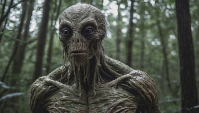 solo, looking at viewer, closed mouth, upper body, signature, blurry, tree, no humans, blurry background, nature, forest, monster, realistic, horror (theme)