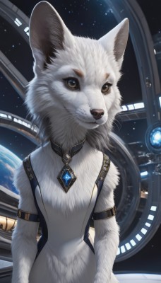 solo,looking at viewer,smile,brown eyes,jewelry,closed mouth,standing,upper body,artist name,signature,no humans,animal,brooch,gem,star (sky),furry,pendant,science fiction,realistic,space,arm strap,animal focus,white fur,planet,earth (planet),fluffy,necklace,cat