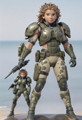 1girl,solo,looking at viewer,short hair,blue eyes,brown hair,gloves,holding,standing,full body,weapon,boots,outdoors,pants,medium hair,holding weapon,armor,blurry,lips,gun,military,ocean,beach,shoulder armor,holding gun,rifle,science fiction,pauldrons,pouch,breastplate,assault rifle,knee pads,camouflage,elbow pads,body armor,long hair,multiple views,goggles,handgun,realistic,nose,sand,thigh pouch,combat boots