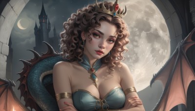 1girl,solo,long hair,breasts,looking at viewer,large breasts,brown hair,dress,cleavage,bare shoulders,brown eyes,jewelry,medium breasts,closed mouth,green eyes,collarbone,tail,upper body,earrings,outdoors,parted lips,wings,sky,pointy ears,artist name,cloud,signature,nail polish,lips,fingernails,head tilt,dutch angle,eyelashes,strapless,makeup,detached collar,night,watermark,wavy hair,crossed arms,moon,tiara,crown,lipstick,gem,night sky,red nails,full moon,armlet,eyeshadow,demon wings,curly hair,nose,red lips,scales,crescent moon,castle,tower,dragon wings,red gemstone,yellow eyes,bat wings,monster girl,realistic,dragon tail