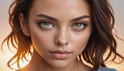 1girl,solo,looking at viewer,short hair,brown hair,brown eyes,jewelry,closed mouth,green eyes,yellow eyes,earrings,lips,eyelashes,thick eyebrows,portrait,close-up,forehead,backlighting,freckles,realistic,nose,stud earrings,eye focus,smile