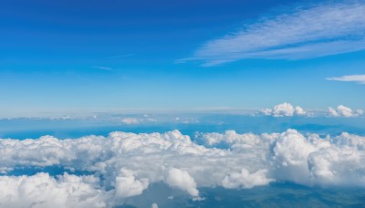 monochrome,outdoors,sky,day,cloud,water,blue sky,no humans,ocean,cloudy sky,scenery,blue theme,horizon,landscape,above clouds