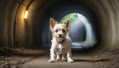 HQ,solo,looking at viewer,blue eyes,full body,outdoors,indoors,blurry,collar,no humans,animal,scenery,dog,realistic,animal focus,lamppost,arch,standing,night,plant,light,animal collar