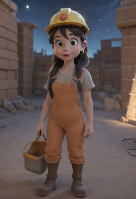 1girl,solo,long hair,looking at viewer,smile,shirt,black hair,hat,holding,brown eyes,jewelry,closed mouth,standing,full body,white shirt,short sleeves,earrings,boots,outdoors,sky,artist name,lips,night,brown footwear,helmet,t-shirt,child,star (sky),night sky,female child,bucket,overalls,holding bucket,hardhat,bag,moon,starry sky