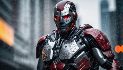 solo,red eyes,1boy,upper body,male focus,armor,blurry,wet,blurry background,helmet,science fiction,rain,realistic,power armor,looking at viewer,artist name,depth of field,glowing,watermark,robot,glowing eyes,web address,superhero