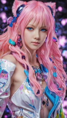 1girl,solo,long hair,breasts,looking at viewer,bangs,blue eyes,hair ornament,jewelry,medium breasts,upper body,pink hair,earrings,detached sleeves,artist name,necklace,blurry,lips,double bun,blurry background,gem,realistic,center opening,animal ears,bare shoulders,closed mouth,jacket,bikini,eyelashes,wavy hair