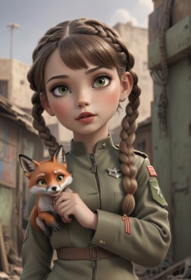 1girl,solo,long hair,looking at viewer,bangs,brown hair,long sleeves,holding,twintails,jewelry,green eyes,jacket,upper body,braid,earrings,outdoors,parted lips,sky,day,belt,artist name,signature,blurry,uniform,twin braids,blue sky,lips,military,eyelashes,military uniform,depth of field,blurry background,animal,building,zipper,freckles,realistic,red lips,holding animal,power lines,fox,utility pole,blush,brown eyes,nose,badge,animal on shoulder,patch