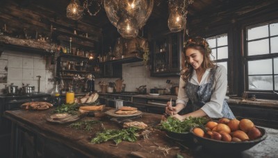 1girl,solo,long hair,brown hair,shirt,hair ornament,long sleeves,holding,brown eyes,jewelry,white shirt,food,indoors,apron,cup,lips,window,fruit,looking down,table,bottle,knife,scenery,plate,alcohol,drinking glass,bowl,realistic,glass,bread,cooking,kitchen,vegetable,counter,cutting board,smile,nail polish,eating,mug,spoon,fork,carrot,orange (fruit),onion,salad