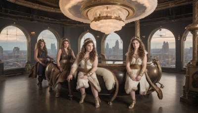 long hair,breasts,looking at viewer,multiple girls,brown hair,gloves,dress,bare shoulders,jewelry,sitting,closed eyes,boots,sky,sleeveless,cloud,indoors,3girls,necklace,white dress,bracelet,lips,window,4girls,wavy hair,brown footwear,building,city,aircraft,fantasy,cityscape,bracer,hands on lap,black hair,hat,cleavage,brown eyes,scenery,realistic