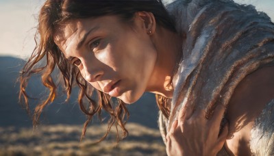 1girl,solo,long hair,brown hair,brown eyes,jewelry,closed mouth,upper body,earrings,outdoors,sky,day,scarf,blurry,lips,floating hair,depth of field,blurry background,sunlight,towel,wind,portrait,realistic,nose,looking at viewer,black hair,1boy,male focus