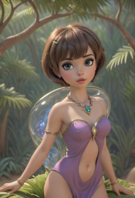 1girl,solo,breasts,looking at viewer,short hair,bangs,brown hair,hair ornament,dress,navel,cleavage,bare shoulders,jewelry,standing,collarbone,cowboy shot,small breasts,outdoors,parted lips,teeth,hairclip,artist name,necklace,blurry,black eyes,bracelet,leotard,tree,lips,grey eyes,clothing cutout,strapless,blurry background,grass,plant,nature,armlet,forest,freckles,navel cutout,blush,blue eyes,realistic,nose,purple leotard