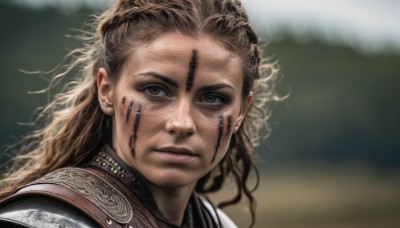 1girl,solo,long hair,looking at viewer,blonde hair,brown hair,brown eyes,closed mouth,outdoors,armor,blurry,lips,blurry background,wavy hair,scar,expressionless,shoulder armor,messy hair,portrait,freckles,curly hair,realistic,chainmail,depth of field,facepaint