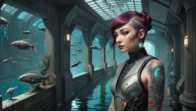 1girl,solo,breasts,short hair,bare shoulders,jewelry,upper body,purple hair,earrings,sleeveless,indoors,water,hair bun,armor,lips,tattoo,makeup,single hair bun,fish,science fiction,nose,arm tattoo,cyborg,cyberpunk,aquarium,looking at viewer,bangs,green eyes,small breasts,artist name,signature,window,swept bangs,glowing,bird,animal,facial mark,piercing,plant,eyeliner,facial tattoo,lily pad