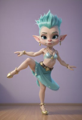 1girl,solo,breasts,looking at viewer,smile,short hair,blue eyes,skirt,navel,bare shoulders,jewelry,closed mouth,blue hair,standing,full body,earrings,small breasts,green hair,pointy ears,midriff,belt,necklace,bracelet,aqua eyes,see-through,aqua hair,leg up,sandals,standing on one leg,bikini top only,furry,purple background,wooden floor,anklet,furry female,dancing,dancer,high heels,spiked hair,yellow footwear,aqua skirt