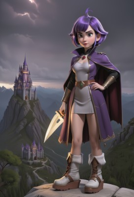 1girl,solo,breasts,looking at viewer,short hair,dress,holding,cleavage,jewelry,medium breasts,standing,full body,weapon,purple hair,ahoge,small breasts,boots,outdoors,sky,belt,cloud,cape,holding weapon,tree,lips,hand on hip,fur trim,makeup,night,short dress,cloudy sky,knife,lipstick,fantasy,holding knife,dagger,castle,cliff,purple eyes,sword,black eyes,mountain,lightning