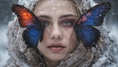 1girl, solo, looking at viewer, parted lips, blurry, lips, bug, butterfly, portrait, snow, snowing, realistic, nose, blue butterfly