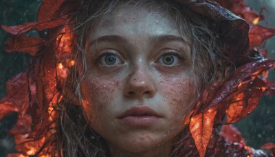 1girl,solo,looking at viewer,closed mouth,green eyes,grey hair,outdoors,blurry,lips,wet,grey eyes,eyelashes,depth of field,blurry background,looking up,portrait,close-up,freckles,rain,realistic,nose,short hair,bangs,black hair,brown eyes,leaf,expressionless,water drop