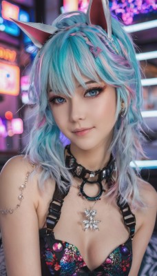 1girl,solo,long hair,breasts,looking at viewer,smile,bangs,blue eyes,hair ornament,animal ears,cleavage,bare shoulders,jewelry,medium breasts,closed mouth,blue hair,upper body,ponytail,pink hair,multicolored hair,earrings,small breasts,choker,cat ears,necklace,blurry,collar,two-tone hair,lips,streaked hair,head tilt,eyelashes,aqua hair,makeup,blurry background,fake animal ears,piercing,eyeshadow,pink lips,realistic,nose,underwear,braid,heart,artist name,virtual youtuber,bra,depth of field,black choker,black bra,ear piercing